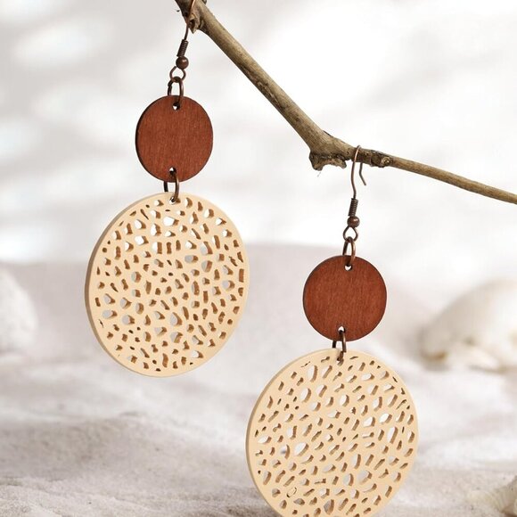 Bohemian Hollow Cut-Out Wood Leather Dangle Drop Earrings, Boho Chic Hippie Stat - Picture 3 of 7